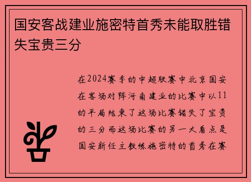 国安客战建业施密特首秀未能取胜错失宝贵三分
