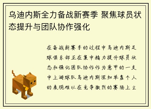 乌迪内斯全力备战新赛季 聚焦球员状态提升与团队协作强化