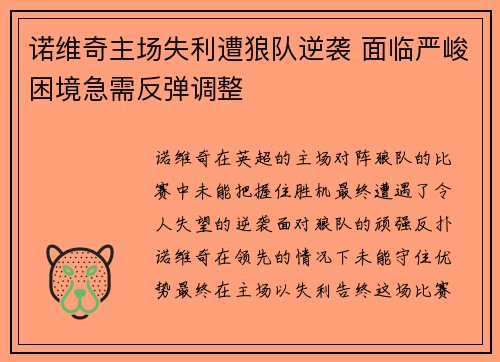 诺维奇主场失利遭狼队逆袭 面临严峻困境急需反弹调整