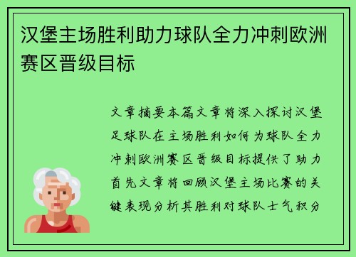 汉堡主场胜利助力球队全力冲刺欧洲赛区晋级目标