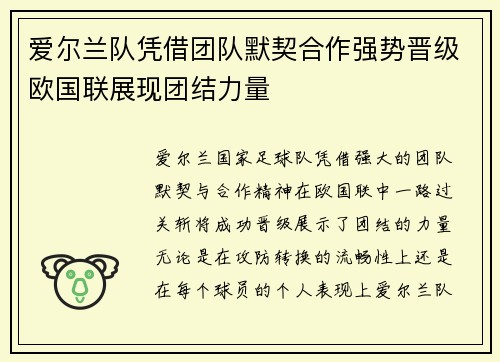 爱尔兰队凭借团队默契合作强势晋级欧国联展现团结力量