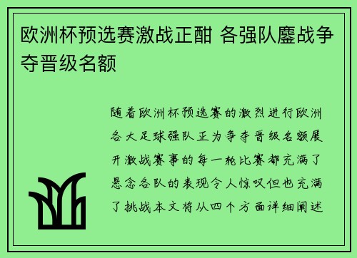 欧洲杯预选赛激战正酣 各强队鏖战争夺晋级名额