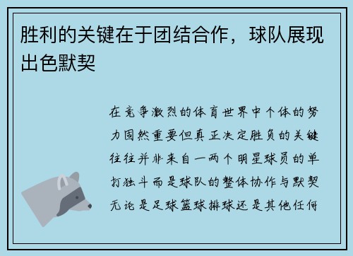 胜利的关键在于团结合作，球队展现出色默契