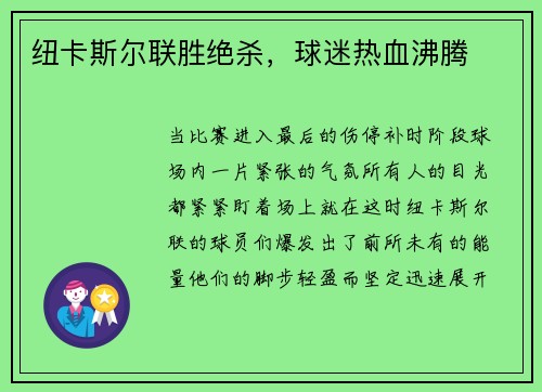 纽卡斯尔联胜绝杀，球迷热血沸腾
