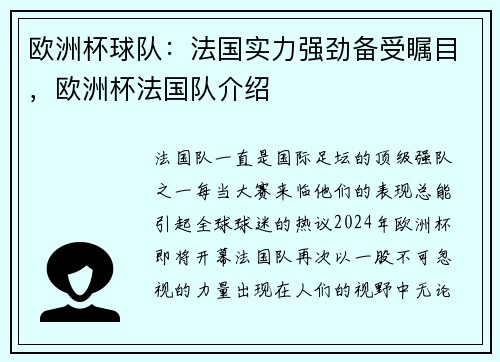 欧洲杯球队：法国实力强劲备受瞩目，欧洲杯法国队介绍
