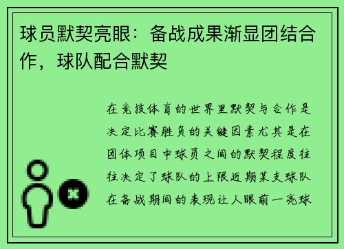 球员默契亮眼：备战成果渐显团结合作，球队配合默契
