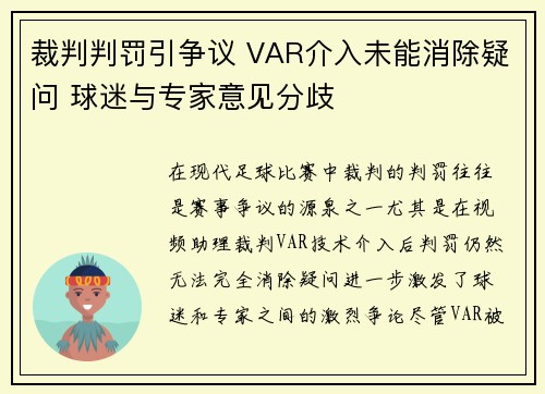 裁判判罚引争议 VAR介入未能消除疑问 球迷与专家意见分歧